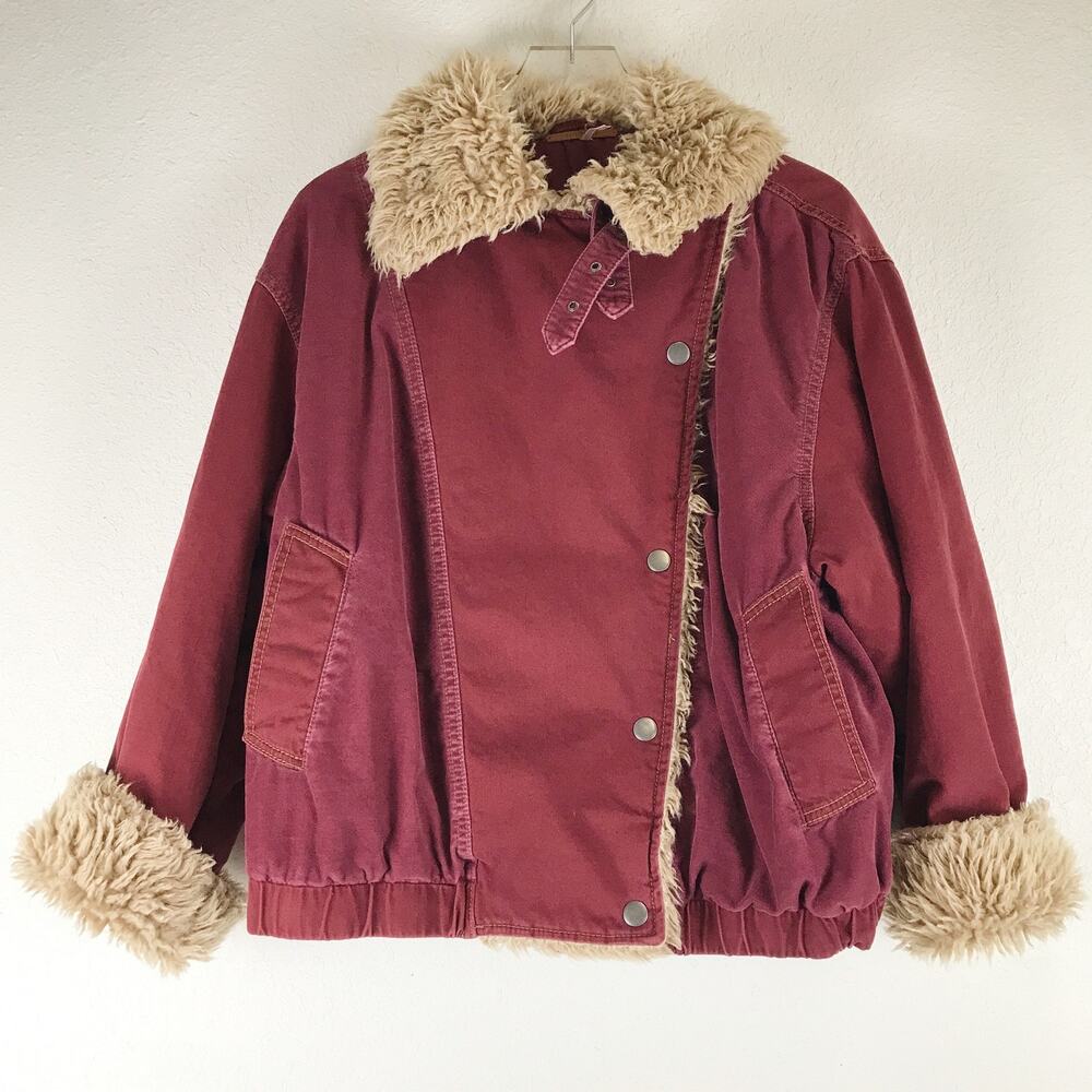 Free People Owen Sherpa Jacket Twill Asymmetrical Button Buckle Bomber Aviator L